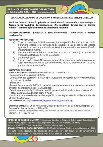 CONVOCATORIA 2016 DE LA RESIDENCIA INTERDISCIPLINARIA EN SALUD MENTAL COMUNITARIA DE RÍO NEGRO